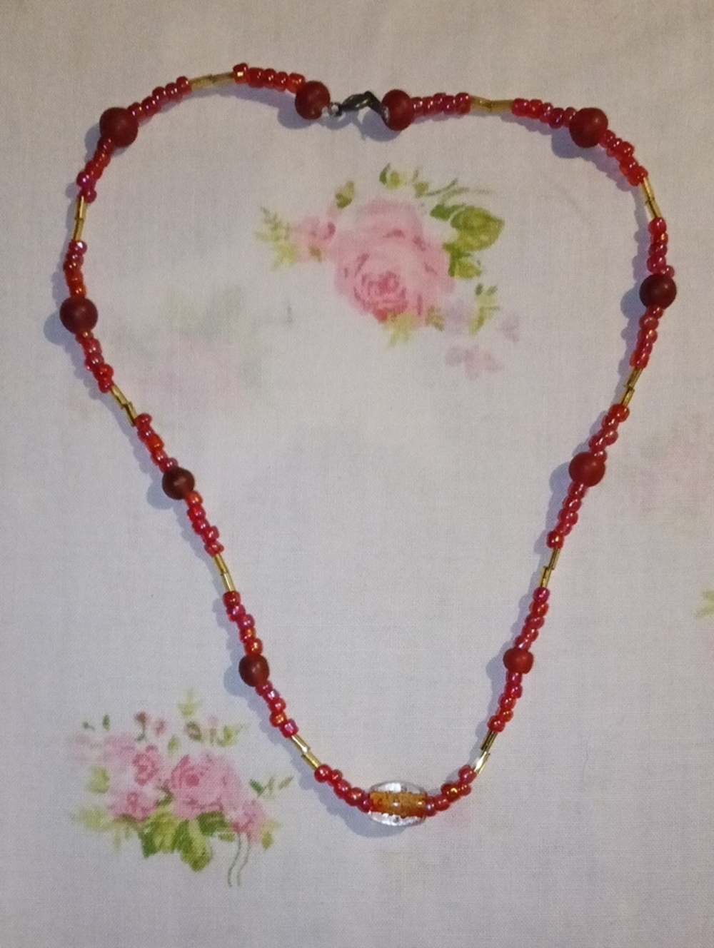 Handcrafted Red And Gold Beaded Necklace with Glass Accents And Charm 17"